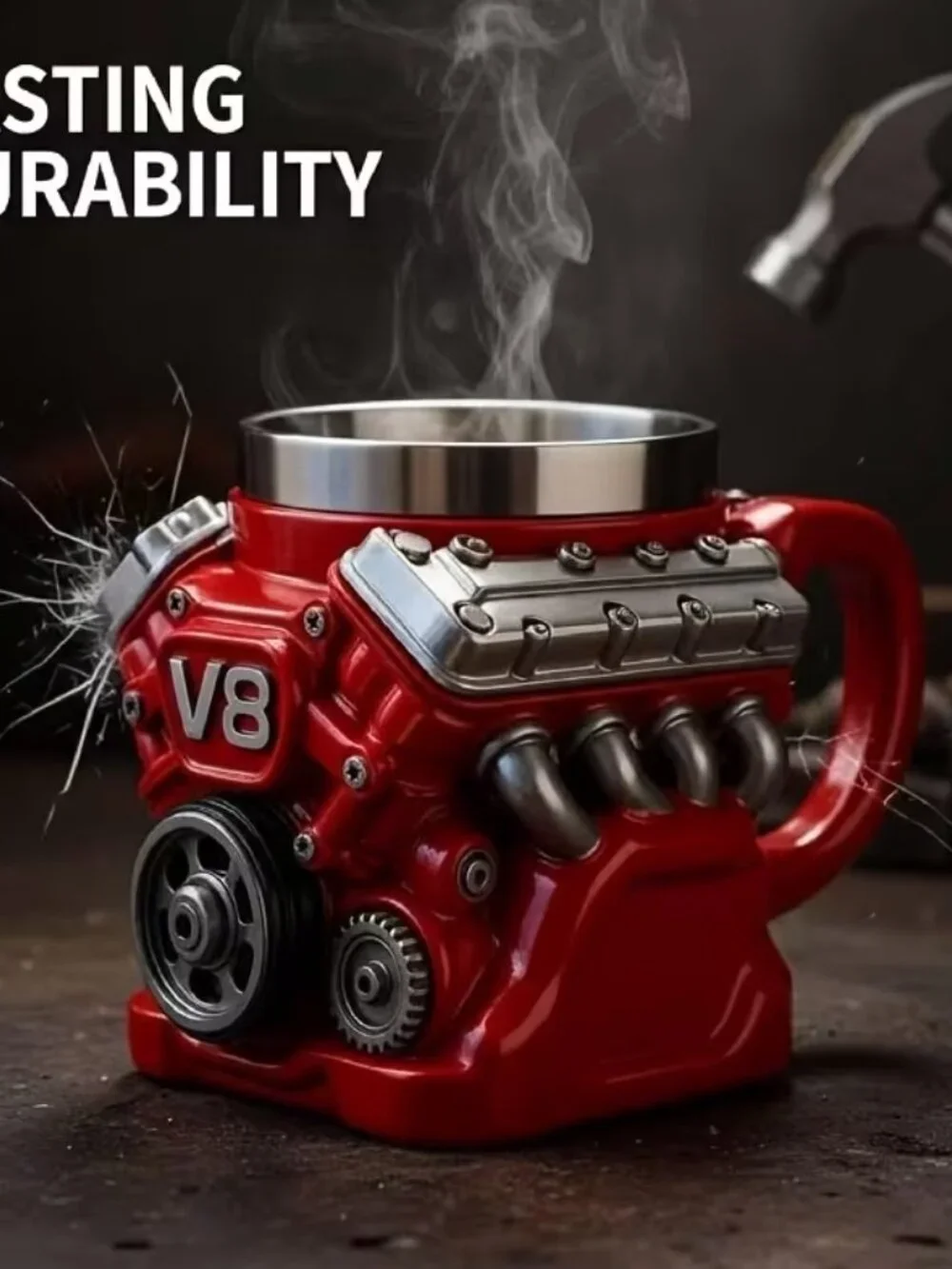 V8 Engine Stainless Steel Coffee Mug w/Insulated Handle, Perfect for Mechanics